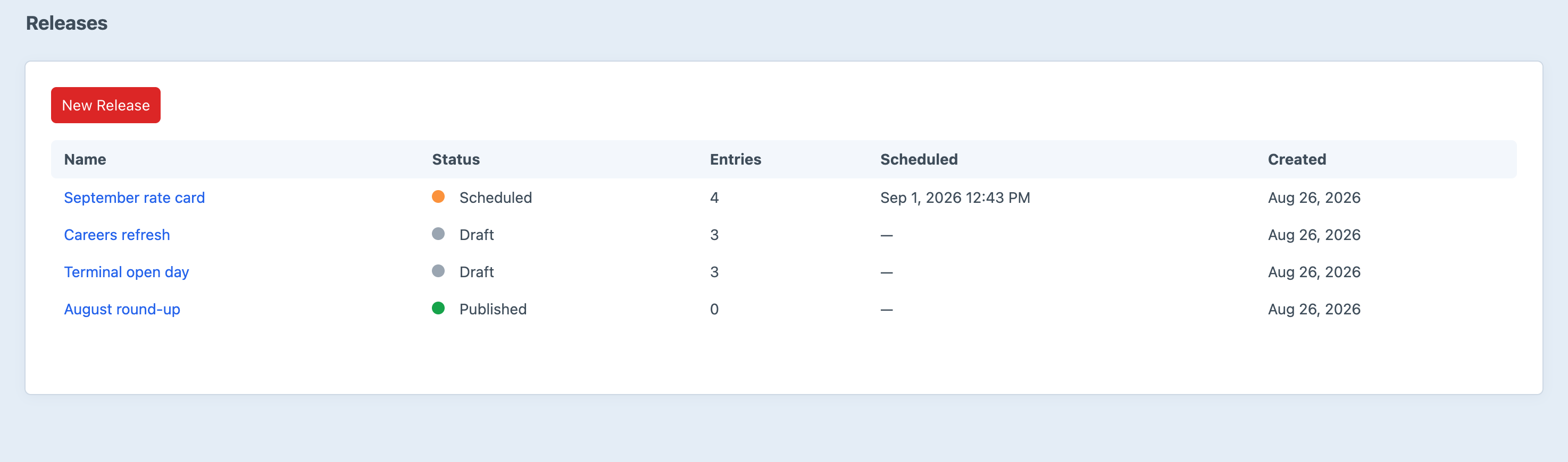 The Peek releases screen in the Craft control panel listing four releases — one scheduled with a date, two drafts and one already published — each with the number of entries batched into it and when it was created